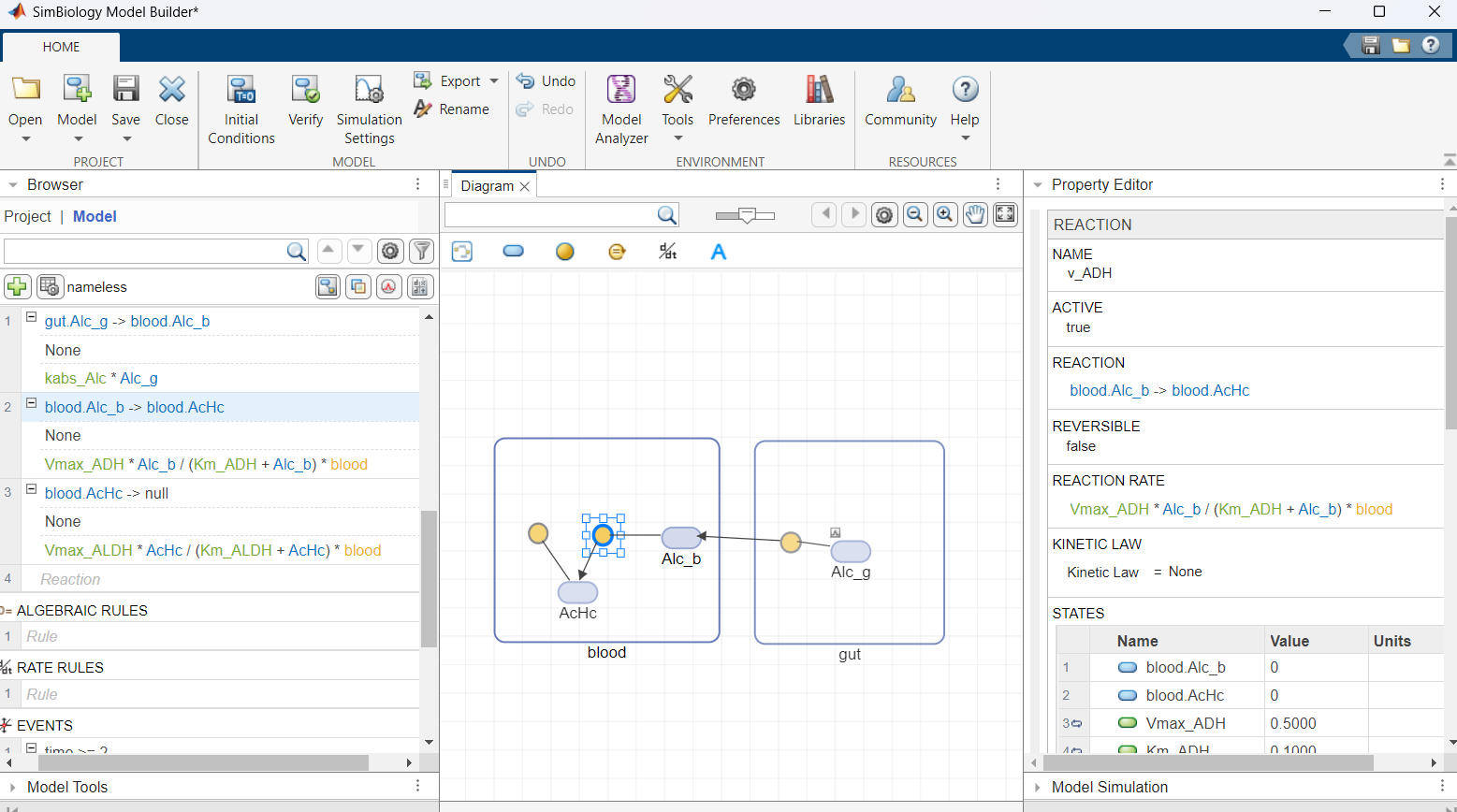 Visual modeling SimBiology code snippet